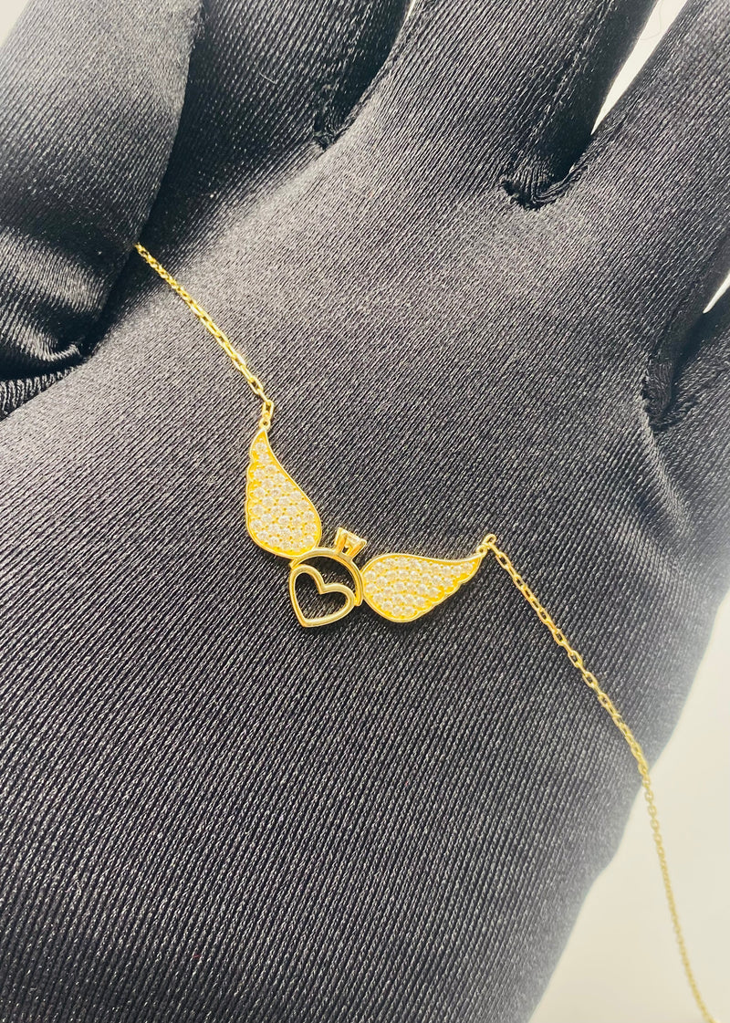 Real 10KT Gold Chain & ‘Heart Wings’ Charm with Cubic Zirconia Stones