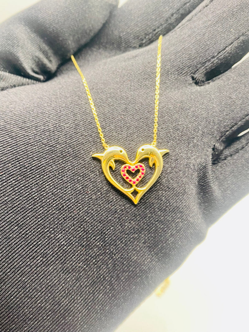 Real 10KT Gold Chain & ‘Dolphin Heart’ Charm with Cubic Zirconia Stones