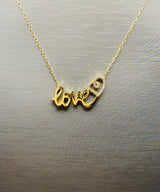 Real 10KT Gold Chain & ‘Love’ Charm with Cubic Zirconia Stones