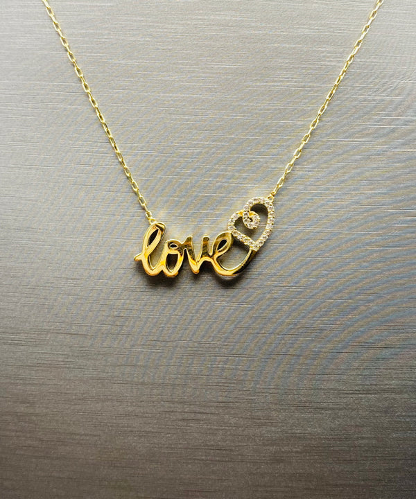 Real 10KT Gold Chain & ‘Love’ Charm with Cubic Zirconia Stones