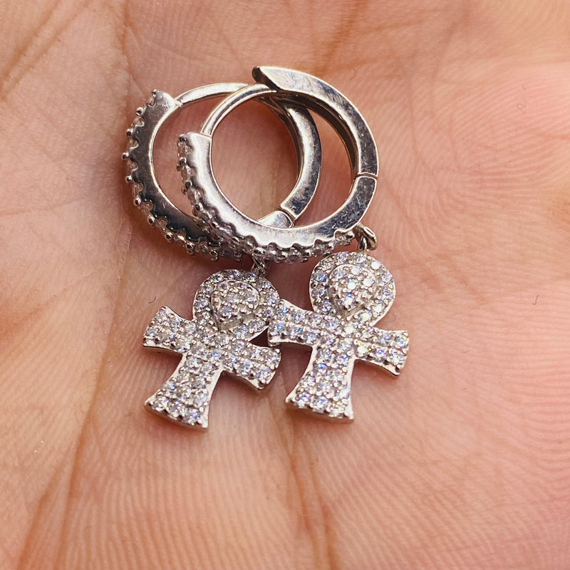 925 Sterling Silver CZ Ankh Cross Loop Earrings