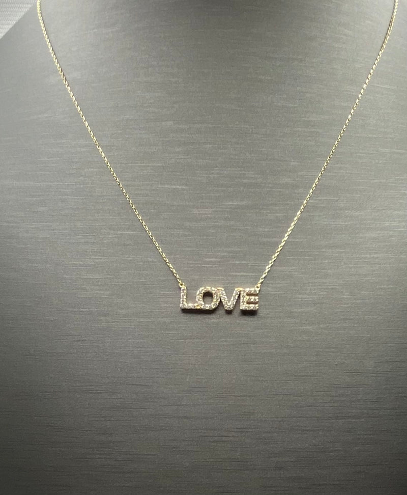 Real 10KT Gold Chain & ‘LOVE’ Charm with Cubic Zirconia Stones