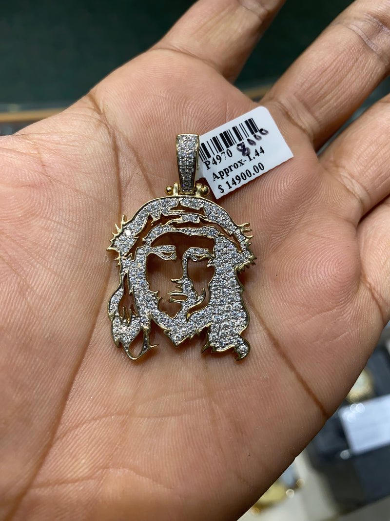 Real 14KT Gold & 1.44CTW Diamond Jesus Face Charm