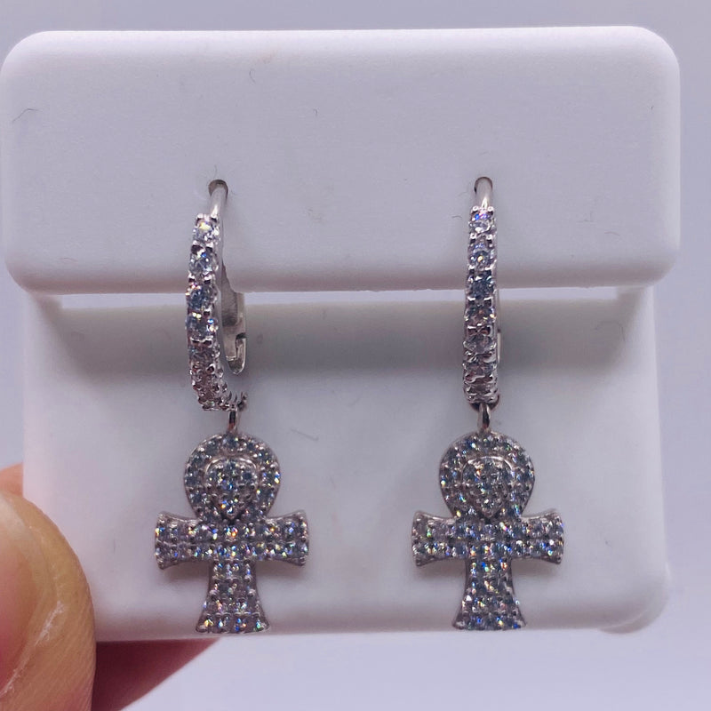 925 Sterling Silver CZ Ankh Cross Loop Earrings