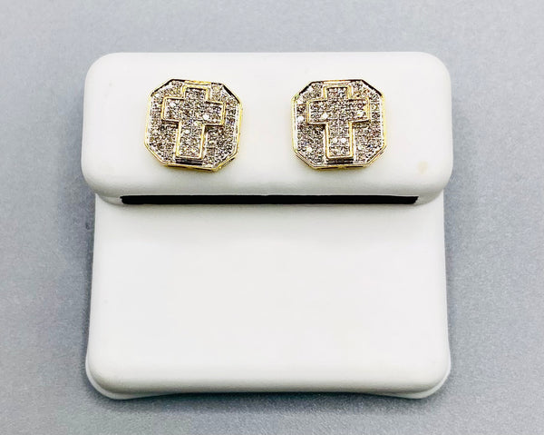 Genuine 10KT Gold & 0.3 CTW Octagon shaped with Cross Symbol Diamond Earrings