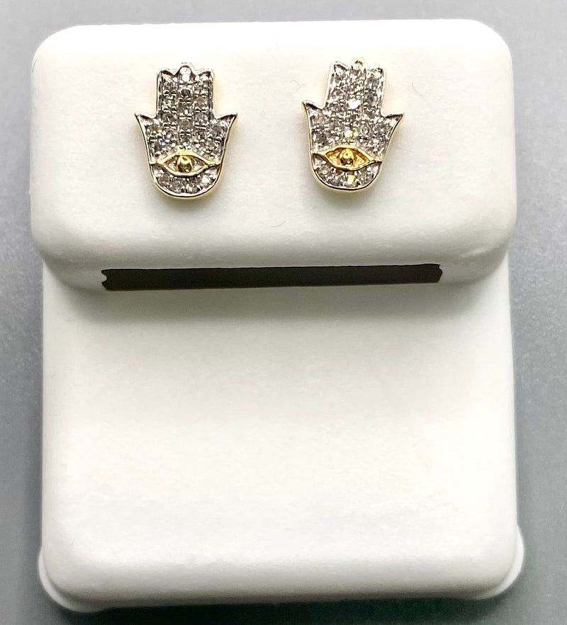 Genuine 10KT Gold 0.10 CTW Hand with evil eye symbol Diamond Earrings