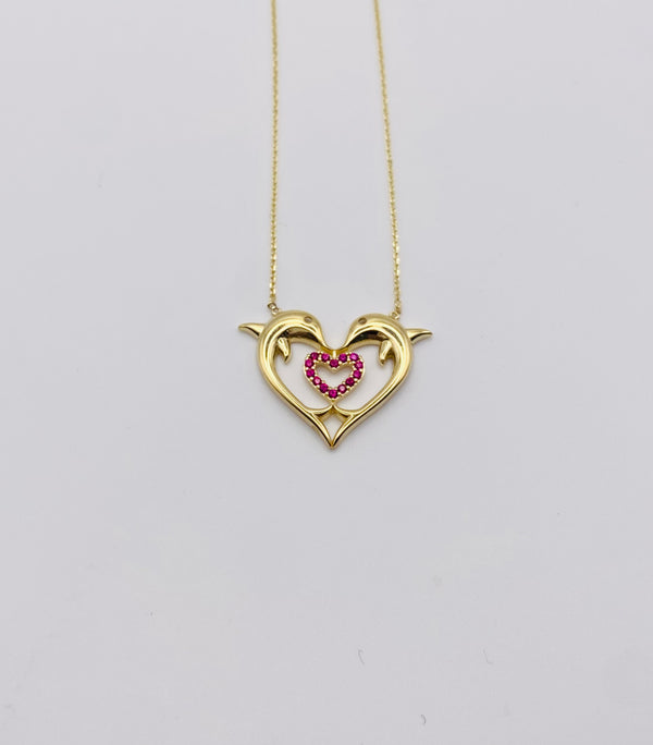 Real 10KT Gold Chain & ‘Dolphin Heart’ Charm with Cubic Zirconia Stones