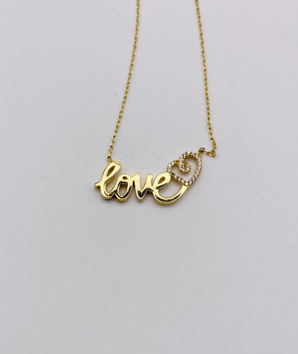 Real 10KT Gold Chain & ‘Love’ Charm with Cubic Zirconia Stones