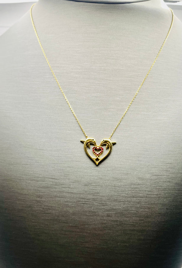 Real 10KT Gold Chain & ‘Dolphin Heart’ Charm with Cubic Zirconia Stones