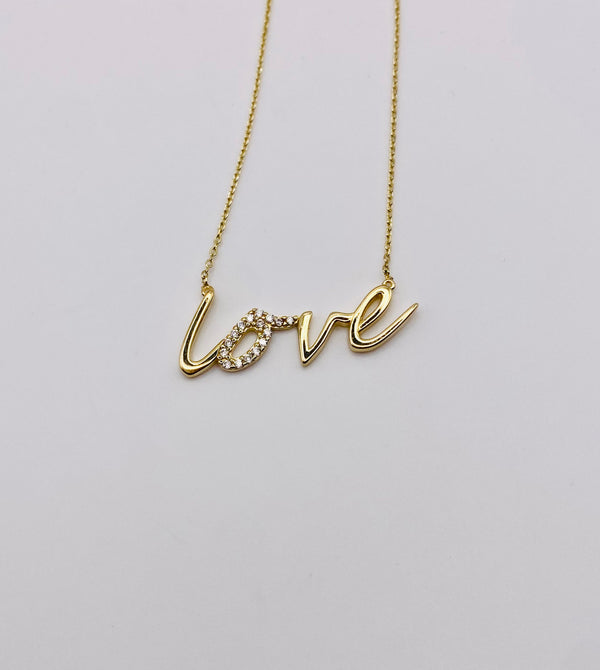 Real 10KT Gold Chain & ‘Love’ Charm with Cubic Zirconia Stones