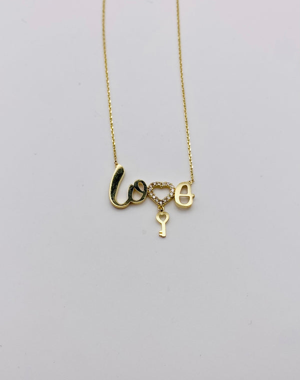 Real 10KT Gold Chain & ‘Love Key’ Charm with Cubic Zirconia Stones