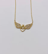 Real 10KT Gold Chain & ‘Heart Wings’ Charm with Cubic Zirconia Stones