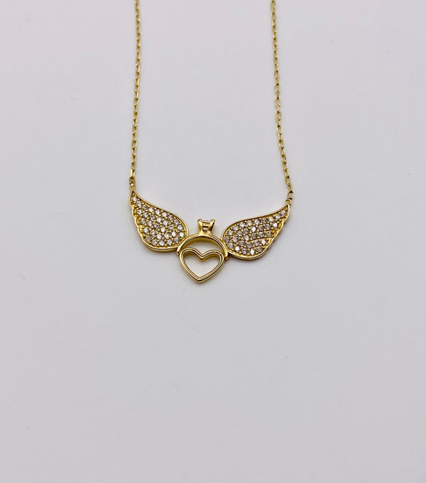 Real 10KT Gold Chain & ‘Heart Wings’ Charm with Cubic Zirconia Stones