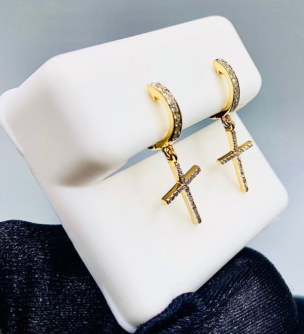 Genuine 10KT Gold & 0.14 CTW Hanging Cross Symbol Diamond Earrings