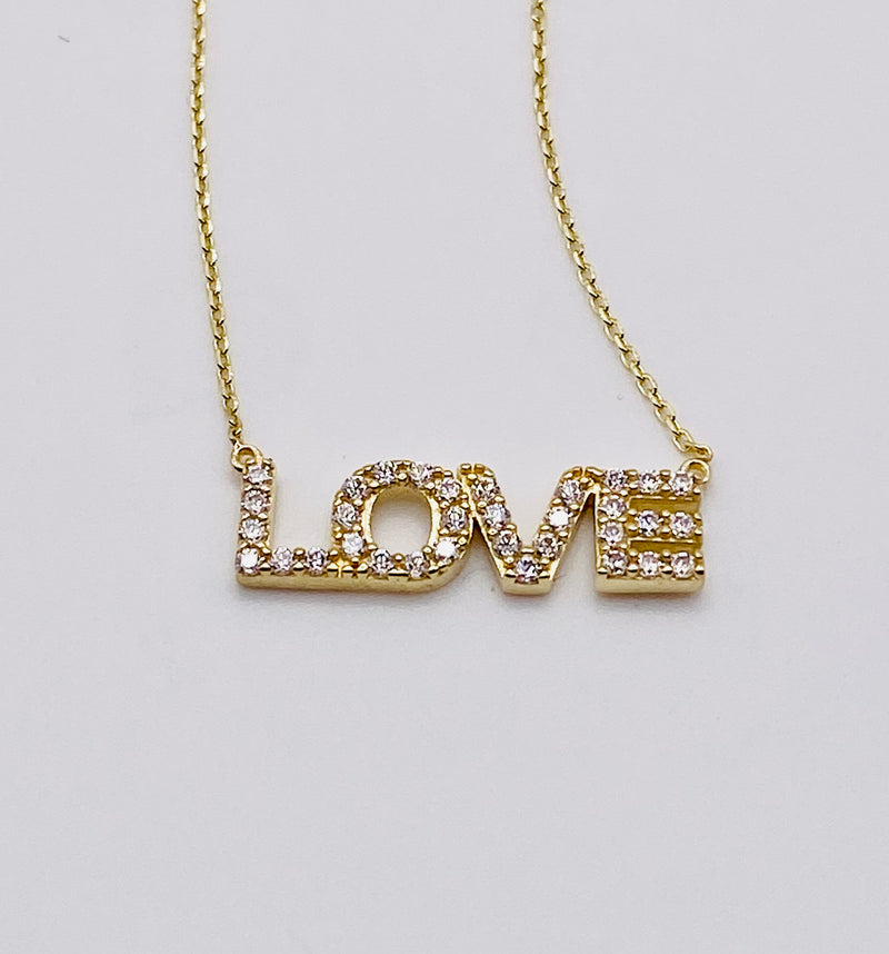 Real 10KT Gold Chain & ‘LOVE’ Charm with Cubic Zirconia Stones