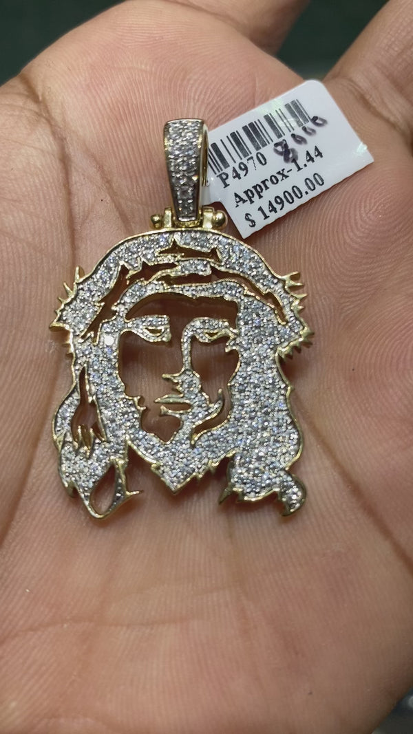 Real 14KT Gold & 1.44CTW Diamond Jesus Face Charm